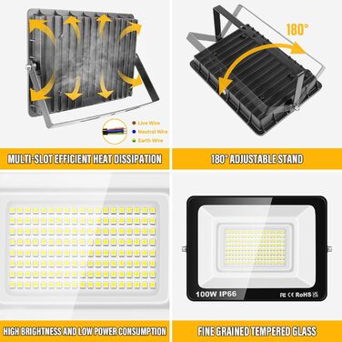 RIGIDON 2x 75W LED Floodlights Outdoor, 7500LM Outdoor Floodlight, 6000K Cool White IP66 Waterproof LED Floodlight, Outdoor Lamp for Garden, Courtyards, Garage, Hotel, Sports Field, Workshop (1 x 100W)