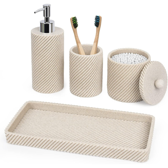 Bathroom Accessory Set, 4-Piece, Lotion Soap Dispenser, Toothbrush Holder, Qtip Holder, Vanity Tray for Decoration, Bathroom, Countertop, Vanity Organizer, Beige