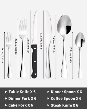 Xespis Cutlery Set, 6 Person, 36-Piece Stainless Steel Cutlery Set, with Steak Knives, Elegant Dining Cutlery, High-Gloss Polished and Dishwasher Safe, including Knife, Fork, and Spoon, for Home, Party, Restaurant