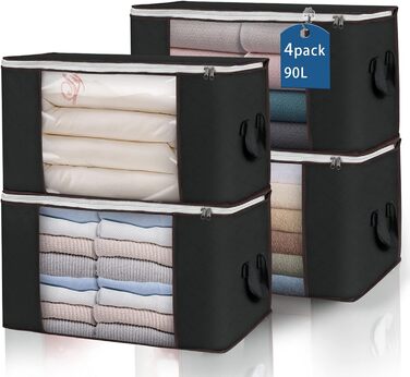 6 містких сумок для зберігання 90L з кришкою, великі коробки для одягу, підходящі для переїзду та зберігання постільної білизни, ковдр та одягу (4 шт., чорні)