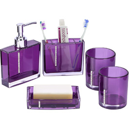 5-Piece Bathroom Accessory Set includes emulsion bottle, toothbrush holder, 2 rinsing cups, soap dish, plastic gift bath set, white (purple)