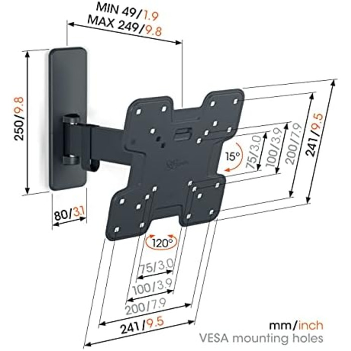 Настінна кріплення для телевізора Vogel's Quick TVM 1225, 19-43 дюйми, до 15 кг, поворотне до 120°, VESA 200x200, універсальна сумісність