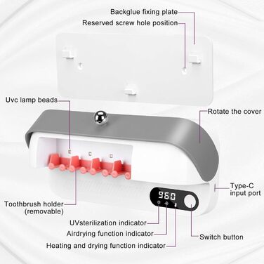 Bestcool Toothbrush Holder Wall Mount, UV Toothbrush Sterilizer with 4 Brush Slots, UVC Sterilization & Drying Electric Toothbrush Holder for Baby & Family, Bathroom Organizer