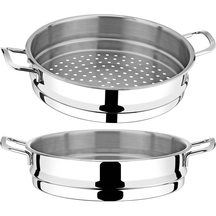 Набір для приготування на пару BEM: 6 предметів з нержавіючої сталі 18/10, діаметр 26 см. Російська мантоварка з вставкою для пари та скляною кришкою, каструля для приготування на пару, набір для приготування на пару. НЕ для індукційних плит.