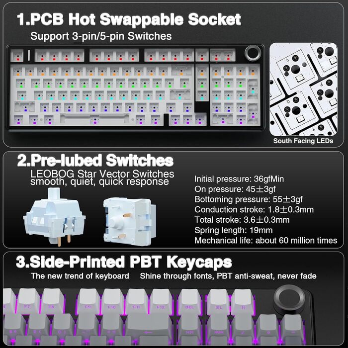 Механічна ігрова клавіатура AULA F99 Pro: RGB, Hot-swap, бездротовий 3-в-1, QWERTY, чорний градієнт