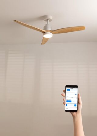 Вентилятор стельовий WINDSTYLANCE Natural Wood з підсвіткою, білий, дерев'яні лопаті, Wi-Fi, пульт, 40W, Ø132 см, літній/зимовий режим
