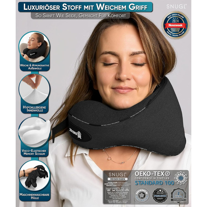 Подушка для шиї SNUGL з Memory Foam, регульована та миюча | Зручна подушка для подорожей на літаку, в авто та в дорогу | Подушка-шиїчкі SNUGL (Чорний, для дорослих)