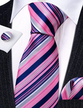 Комплект краватки та хустинки Hi-Tie класична чоловіча весільна, рожева в смужку з квітами