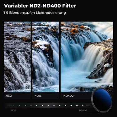 ND фільтр змінної щільності K&F Concept 72мм ND2-ND400 (1-9 ступенів) з серією Nano-Klear для ландшафтної фотографії + 3 серветки для чищення