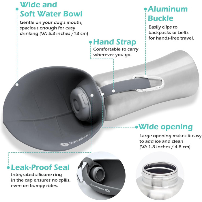 LumoLeaf Stainless Steel Dog Water Bottle - 800ml Portable Pet Water Dispenser for Travel, Hiking & Camping (Gray)