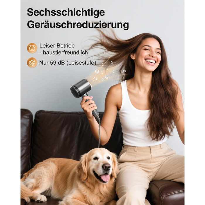 Іонський фен Feekaa з дифузором та магнітною насадкою, для подорожей та кучерявого волосся, 4 температурні режими, матовий чорний