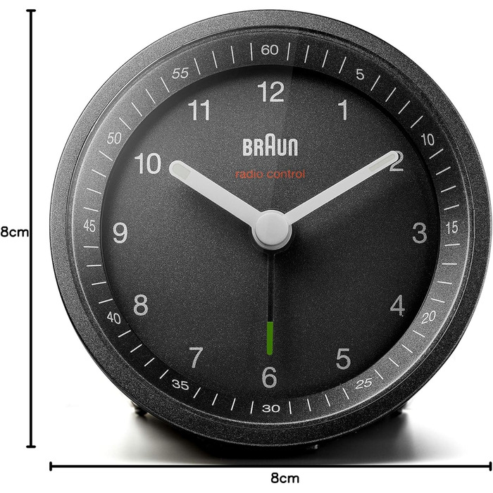 Classic analog radio alarm clock by Braun for the Central European Time Zone (CET/GMT+1) with snooze function and light, quiet movement, crescendo alarm in black, model BC07B-DCF