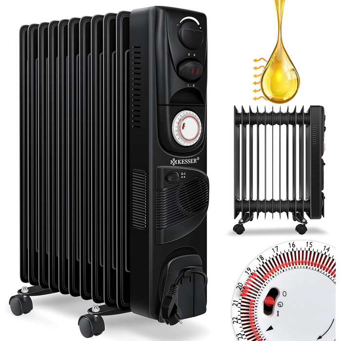 Електричний масляний радіатор KESSER® 2500W з вентилятором, 11 ребер, таймер, термостат, захист від перегріву, білий/чорний