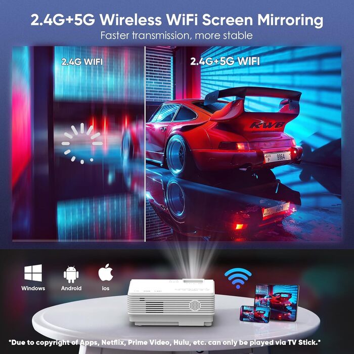 Портативний міні-проектор Smart Beamer Android 11 з WiFi 6, Bluetooth 5.2, підтримкою 4K/1080P та автоматичною корекцією трапеції. Підходить для підключення до телефону та ноутбука.