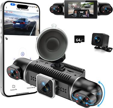 Двоканальна відеореєстратор (Dashcam) 2K+1080P з двома камерами, 64GB, IPS дисплей 3', 4x140° кут огляду, WDR, нічне бачення (8 IR-LED), G-сенсор, циклічна запис, додаток, режим паркування 24/7, чорний