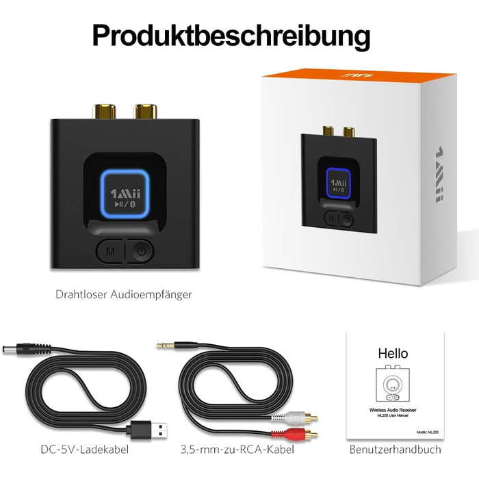 1Mii ML201 Bluetooth адаптер для стереосистеми: бездротовий аудіо приймач з AUX/Cinch, для ПК, смартфонів та планшетів, 12 годин роботи, режим басів Medium