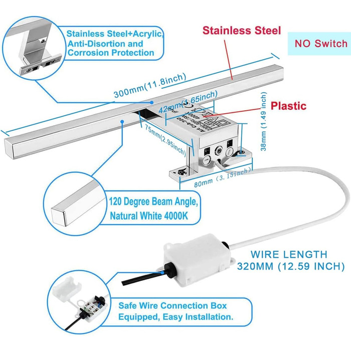 Azhien LED Mirror Light Bathroom 10W 820LM Neutral White 4000K, Slim 14mm Width 3in1 Mounting IP44 230V Wall Light Mirror Lamp 600mm, Flicker-Free Bathroom Vanity Mirror Lights (30cm)
