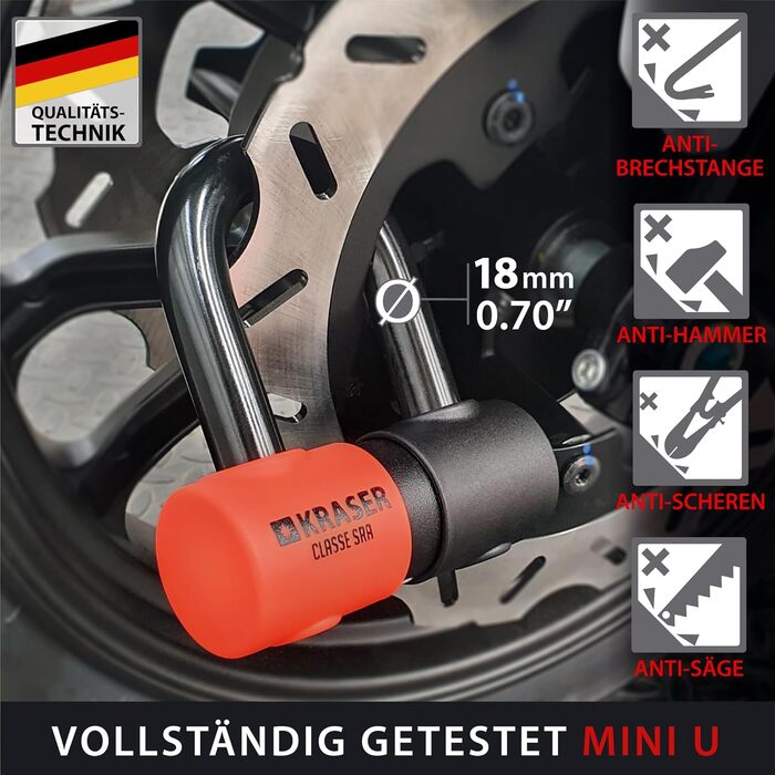 Замок-ланцюг KRASER KR50120L для мотоцикла, дисковий захист від крадіжки, U-образний замок Ø18 мм + ланцюг 120 см Ø13,5 мм, система петлі, сертифікат SRA, для мотоциклів та скутерів
