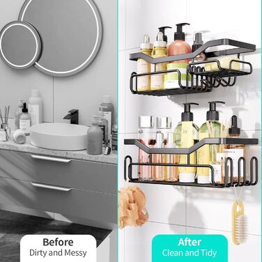 Дзеркальна поличка для душу HapiRm без свердління - органайзер для ванної кімнати та кухні, полиця для душу з 11 гачками, мильниця, тримач для бритви, тримач для шампуню, 3 кріплення, чорний