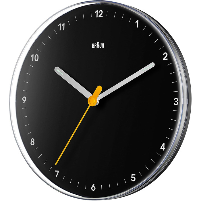 Braun Classic Analog Wall Clock with Silent Quartz Movement, Easy to Read, 23 cm Diameter in Black, Model BC26B.