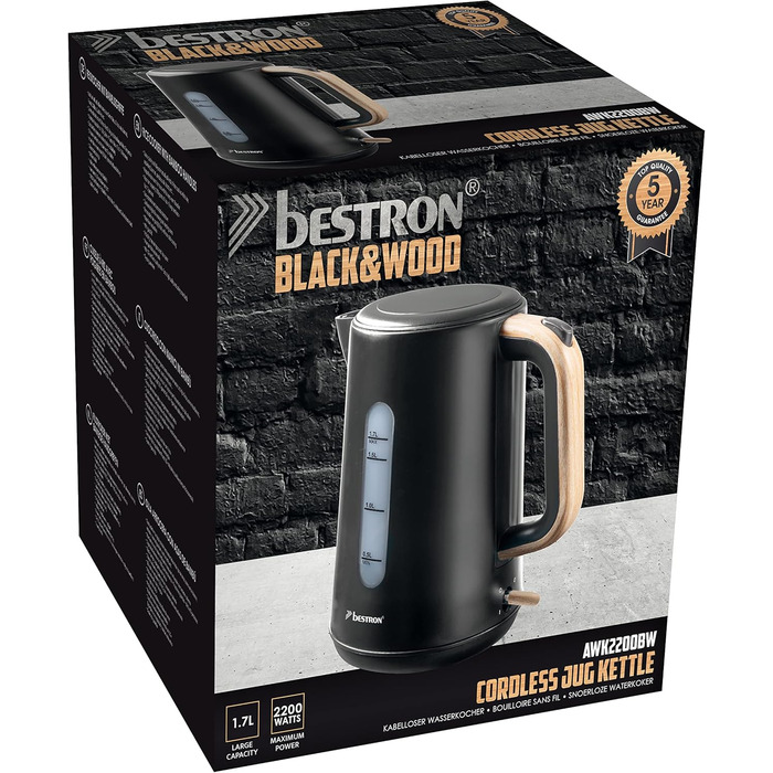 Bestron 1.7L Electric Kettle with 360° Base - Auto Shut-Off & Boil-Dry Protection - 2200W - Black/Wood Finish