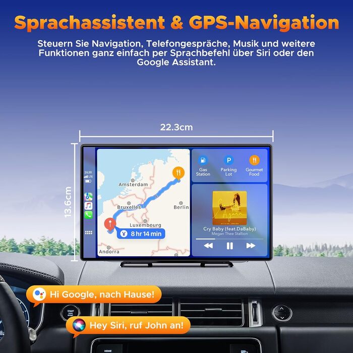 Volam автомобільна магнітола з 9'' IPS, бездротовий CarPlay та Android Auto, Bluetooth 5.0, FM, AUX, підтримка Siri та Google, портативний дисплей