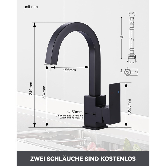 Кухонний змішувач з нержавіючої сталі, 360° поворотний, для кухні, вантажівки, ванної кімнати (чорний)