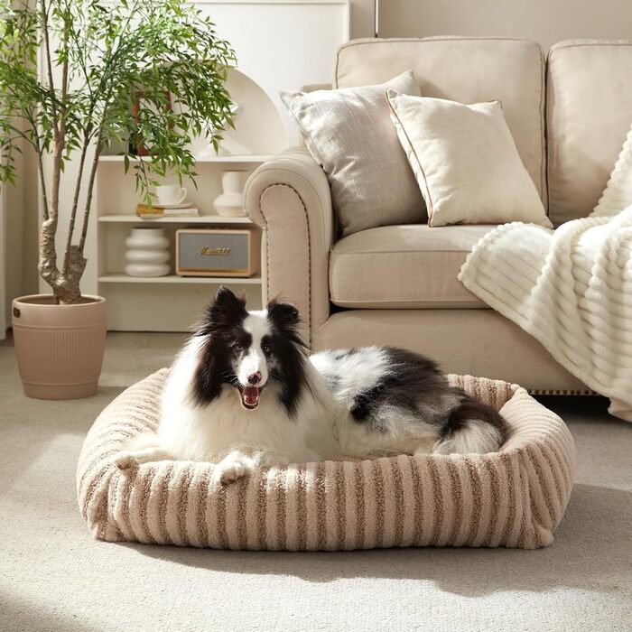 Лежанка для собак середнього розміру, миюча, знімний чохол, підняті бортики, кошик з неслизьким покриттям, зручний чохол з кролячої вовни, 64 x 54 x 43 см (L-76 x 61 x 20 см, Бежевий)