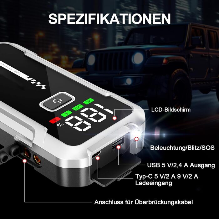 Портативний акумулятор Starthilfe для автомобіля 7000A: Запуск 12V авто, SUV, мотоцикла, газонокосарки. LED дисплей, чорний