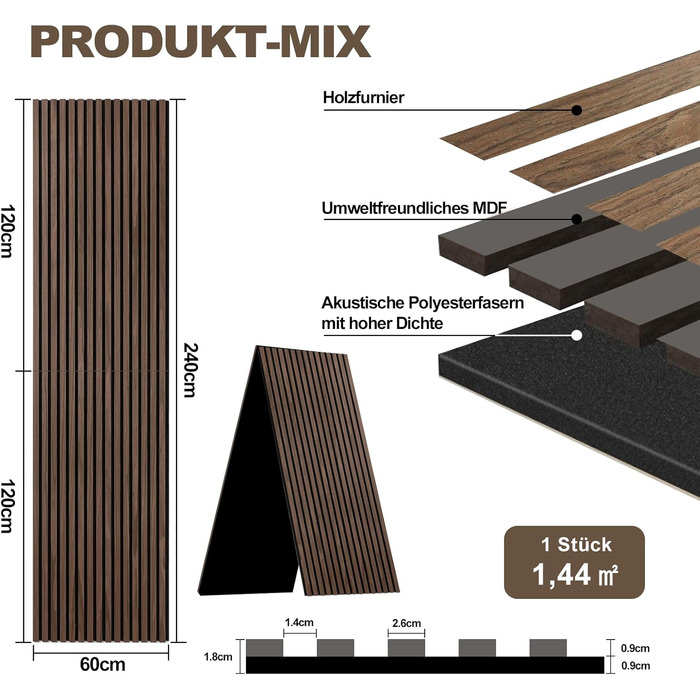 Акустичні 3D-панелі з дерева AKK-PANE (чорний горіх), 240x60 см, 1.44м² — декоративні стінні панелі для шумоізоляції кухні, вітальні та офісу