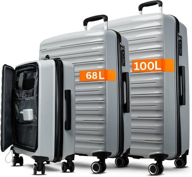 Великий валіза 100 літрів з TSA замком: валіза, ролер, валіза для подорожей, жорсткий корпус, сірий (SET)
