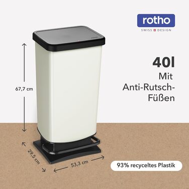 Сміттєвий відро Rotho Paso на 40 л з педаллю та Soft-Close кришкою, сріблястий — для кухні та ванної