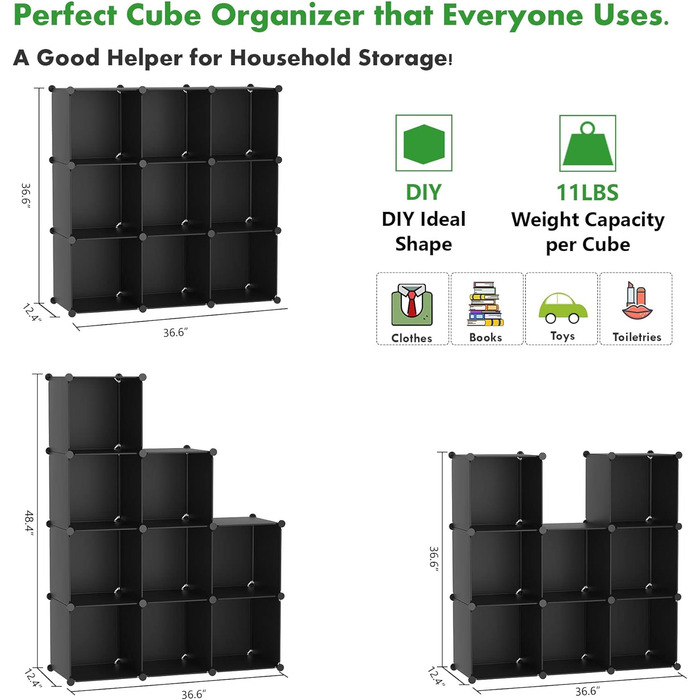 C&AHOME UPCS09M Cube Storage Organizer, 9-Cube Shelves, Closet Cabinet, DIY, Plastic, Modular Bookshelf, Ideal for Bedroom, Living Room, Opaque (Black)