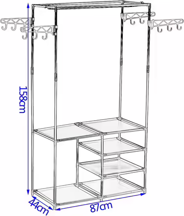 Wardrobe open, coat rack with clothes rail and 12 hooks, freestanding wardrobe with shelf, for dressing room, bedroom, 44 x 87 x 158 cm, Black