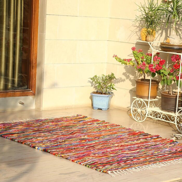 RAJRANG BRINGING RAJASTHAN TO YOU Chindi Fleece Teppich 91x152 cm Colorful Boho Rug Farmhouse Decor Woven Braided Area Rug with Tassels