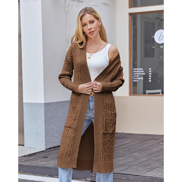 Жіночий в'язаний кардиган Saodimallsu Strickjacke: довгий, об'ємний, з кишенями, світло-зелений (колір: коричневий, розмір: S)