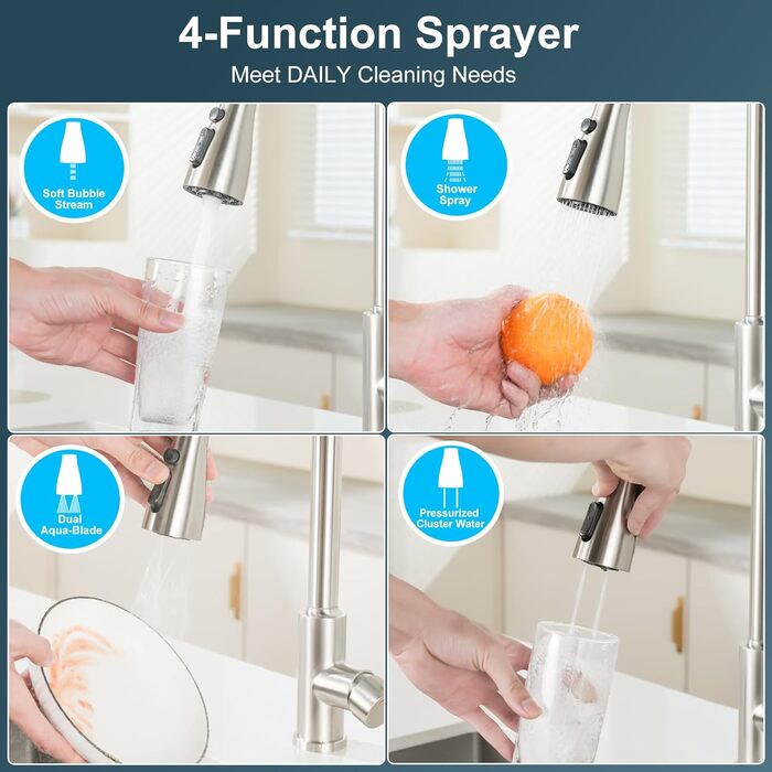 Змішувач кухонний висувний з високим напором, 360° обертання, 4 режими, нержавіюча сталь, ABS-розпилювач, для одного отвору, G3/8 з'єднання (тільки для ЄС)