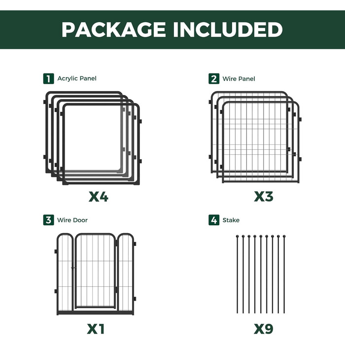Клітка-павільйон для собак FXW Pawadise, 61 см, 8 панелей (4 акрил + 4 метал), чорна, розширювана