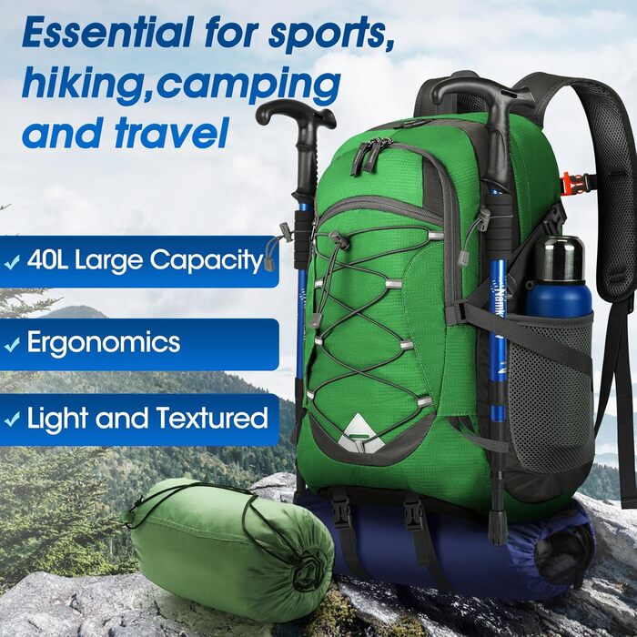 IGOLUMON Hiking Backpack Men Women 40L Waterproof Backpack Lightweight Foldable Travel Backpack Trekking Backpack with Reflective Stripes For Cycling, Climbing, Mountaineering and Travel Sports, (Grass Green)