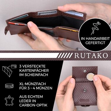 RUTAKO Slim Wallet with XL Coin Pocket & RFID Protection - Card Holder for Men & Women - Small Credit Card Wallet - Mini Purse - Small Portmonee/Portemonnaie - Wallet Carbon Brown