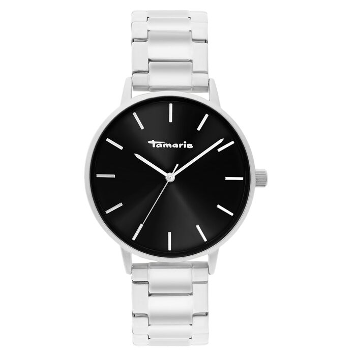 Жіночий годинник Tamaris – лаконічний круглий годинник для жінок, діаметр 36 мм (срібло / чорний браслет-ланцюжок)