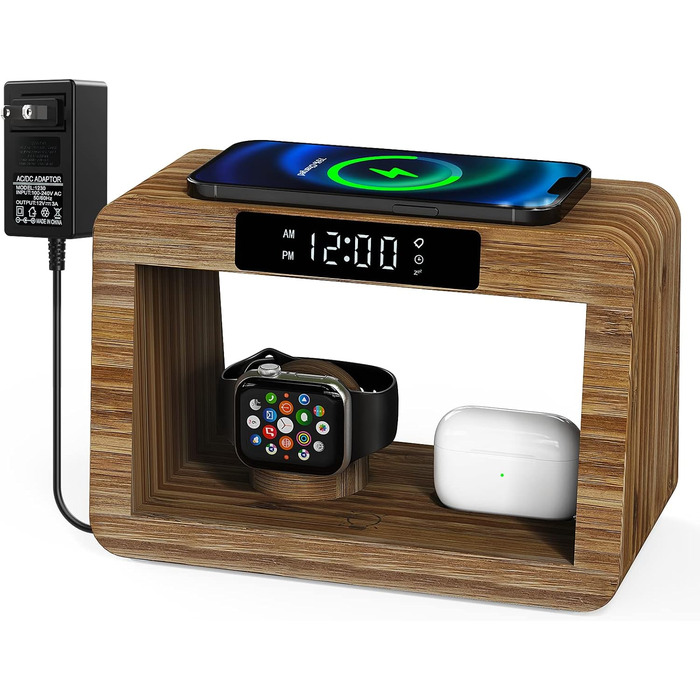 Багатофункціональна бамбукова зарядна станція 5-в-1 з бездротовим зарядним пристроєм, світлодіодним нічником та годинником, сумісна з Apple Watch, AirPods, Samsung Galaxy та іншими пристроями