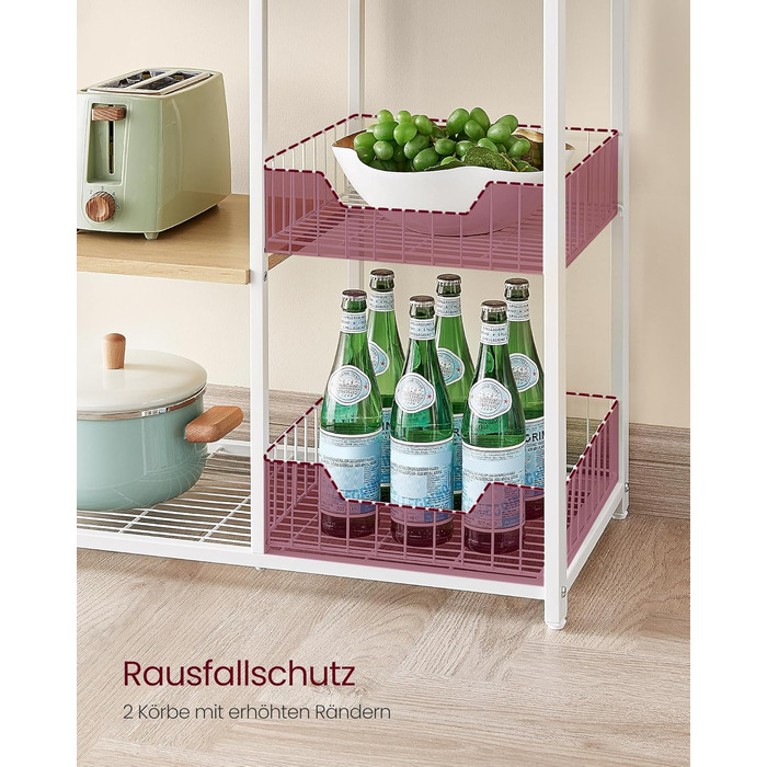 Стелаж кухонний VASAGLE з 2 металевими кошиками, стелаж-пекарня з гачками та полицями, для мікрохвильової печі, 35 x 80 x 93,5 см, золотий дуб + білий