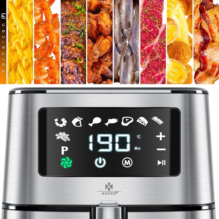 KESSER® XXL 5.5 Liter Hot Air Fryer Stainless Steel | Includes Baking Basket | 1700W Fryer Air Fryer | Touch Display | 8 Programs | Oil-Free | Oven | Hot Air | Grill | Fat-Free Silver