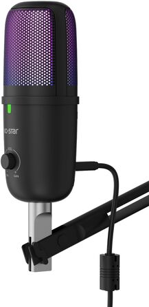 KO-Star USB мікрофон з RGB підсвіткою для ПК та смартфона – конденсаторний мікрофон зі штильником, регулятором підсилення, поп-фільтром та антивібраційним кріпленням для стрімінгу, подкастів та запису
