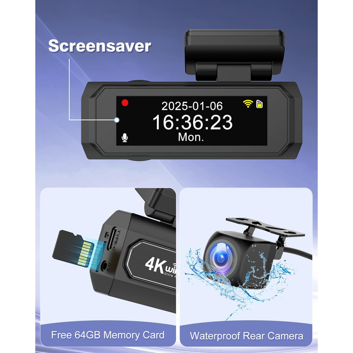 Відеореєстратор Chortau 4K+1080P з WiFi, 64GB, паркувальний режим, Super Night Vision, WDR, 170° та G-Sensor, чорний