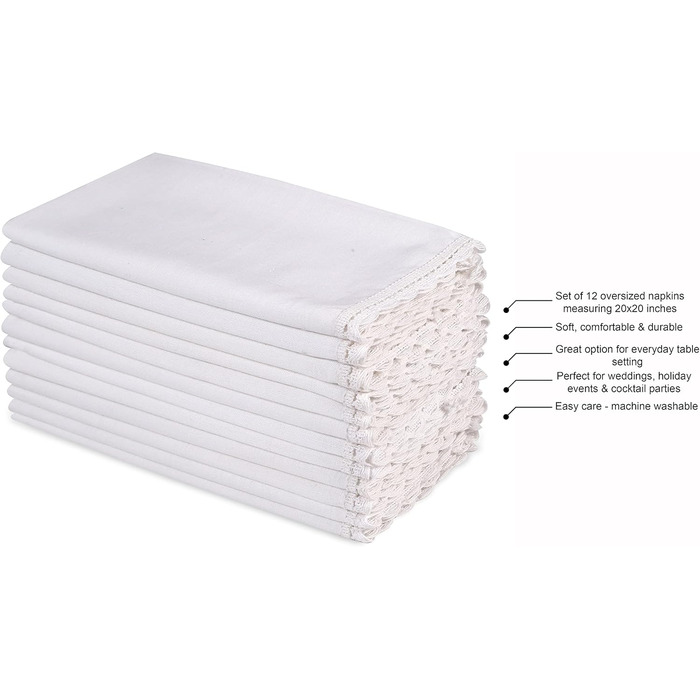 Household Linen Napkins, 20 x 20 inches, Linen, Cotton, Washable and Reusable, Lace Table Napkins for Hotel, Spring, Easter, Weddings and Parties, Very Absorbent, White, 12