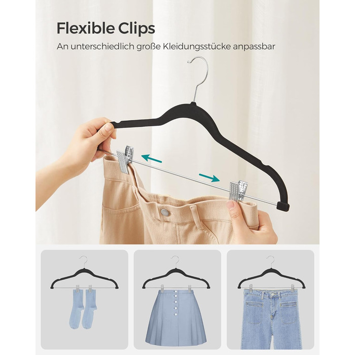 SONGMICS Velvet Clothes Hangers, 20-Piece Set, Skirt Hanger, 42.5 cm wide, with adjustable clips, non-slip, space-saving, for trousers, coats, dresses, black CRF012B20