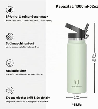 Термопляшка Sparrow зі сталі 1000 мл з трубою та кришкою, вакуумна ізоляційна пляшка для води, герметична та BPA-free, для гарячих та холодних напоїв (колір: Aloe)