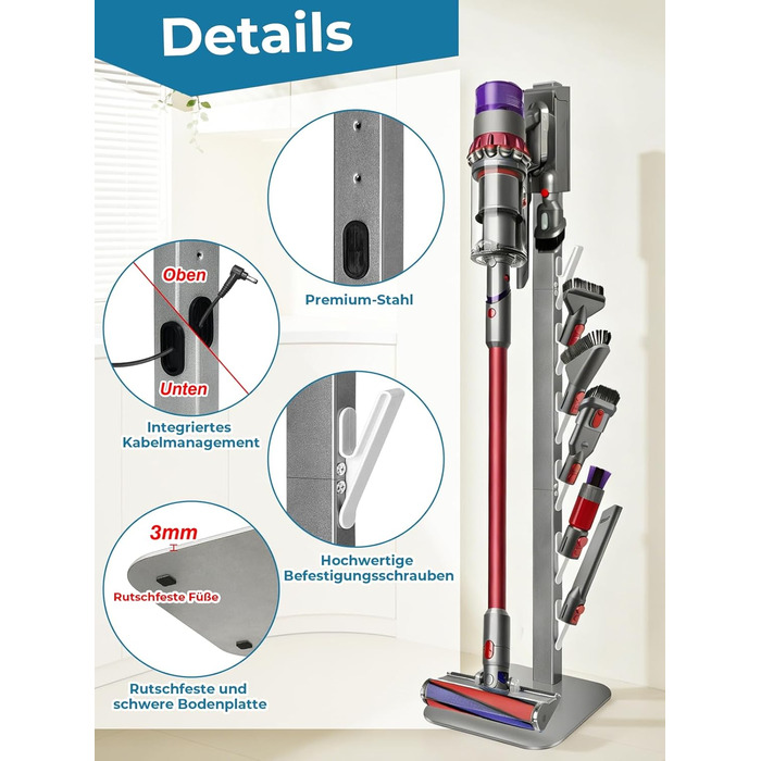 Підставка для пилососа Dyson V16, Gen5, V15, V12, V11, V10, V8, V7, V6 – металева, настільна, з 4 гаками, без свердління, срібляста